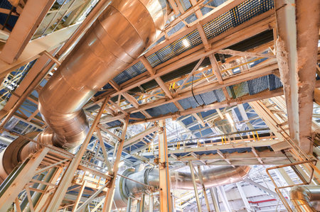Modern chemical plant showcasing intricate pipelines and conveyor systems operating in an industrial...