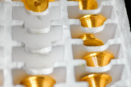 Detailed view of handcrafted conical drums showcasing intricate design and precision in craftsmanshipの写真素材