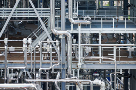 Pipelines and structures of a chemical plant showcasing industrial activity in a modern facility...