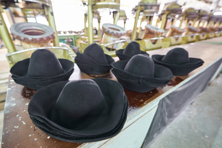 Felt hat molds arranged neatly in a workshop showcasing the art of hat making in a vibrant production environmentの写真素材