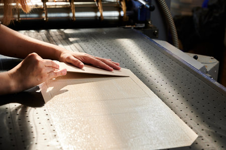 Manual cardboard application in a vibrant box manufacturing facility during a busy working dayの写真素材