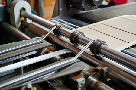 Innovative machine efficiently folds cardboard box flaps for streamlined packaging processes in a busy workshopの写真素材