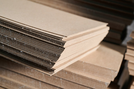Stacks of thick paperboard ready for cardboard box manufacturing in a bustling workshop setting during daylight hoursの写真素材