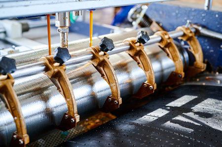 Intricate design of glue rollers in action at a cardboard manufacturing plant showcasing a blend of technology and craftsmanshipの写真素材