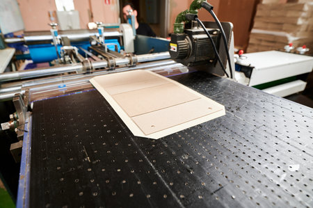 Production of decorative box lid blanks on the conveyor belt in a packaging factory