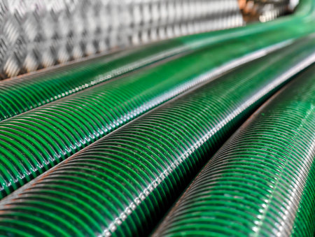 Vibrant green pipes arranged in a neat row reflecting industrial elegance and meticulous craftsmanship in a manufacturing facilityの写真素材