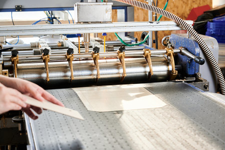 Innovative glue-spreading application enhances efficiency in cardboard box production processの写真素材