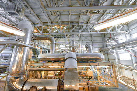Chemical plant interior showcasing extensive pipelines and conveyors for industrial processing and material handling operationsの写真素材