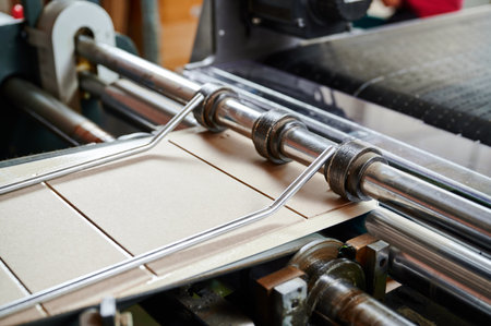 Detailed view of a machine folding cardboard box flaps in an industrial settingの写真素材