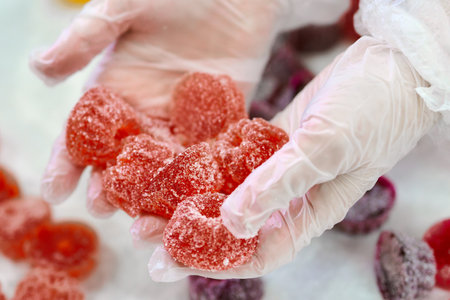 Marmalade confectionery in hands at a local market during a vibrant afternoonの写真素材