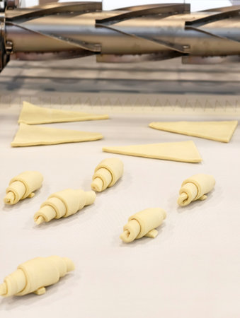 Delicate pastry rolls ready for baking in a bustling bakery filled with the aroma of fresh bread and pastriesの写真素材