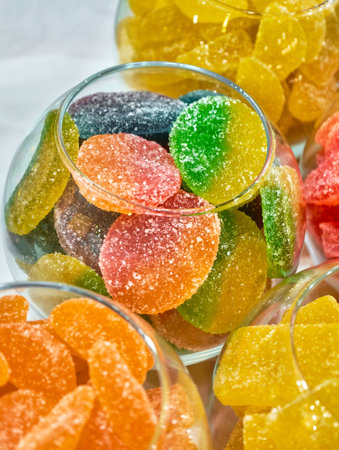 Bright and colorful gummy candies displayed in glass bowls bring joy and sweetness to any gathering or celebrationの写真素材