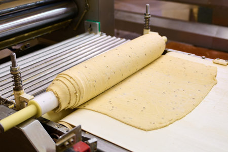 Sheeted cracker dough rolled into a cylinder ready for cutting into ribbons for further processingの写真素材