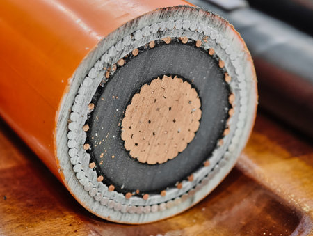 Power electric cable cross section reveals intricate layers and essential components for energy...