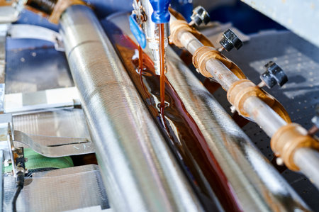 Efficient glue application process using a precision glue-spreading machine in an industrial setting...