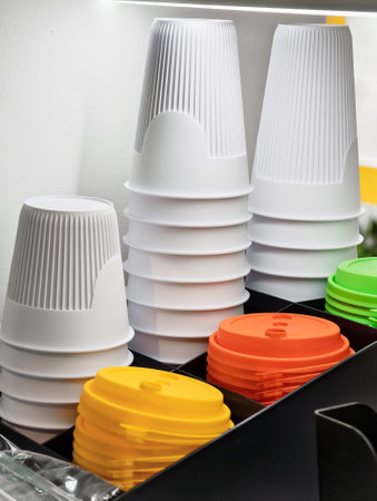 Creative arrangement of disposable coffee cups and lids enhancing cafe aestheticsの写真素材