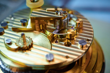 Intricate details of a clock mechanism showcase precision engineering and craftsmanship in an artistic close-upの写真素材
