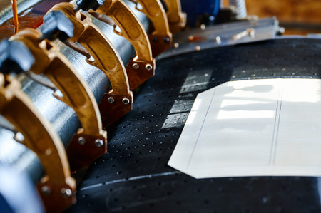 Innovative glue-spreading machine enhances efficiency in cardboard box manufacturing at a dynamic production facilityの写真素材
