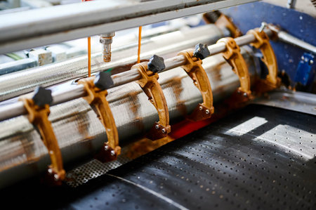 Innovative glue application process in a cardboard box manufacturing plant with advanced rollers at workの写真素材