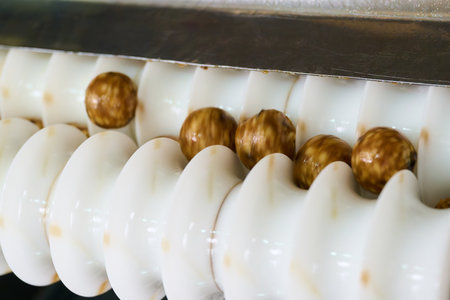 Candy rounding process in rotary machine shows dual-roller forming unit effectively shaping...