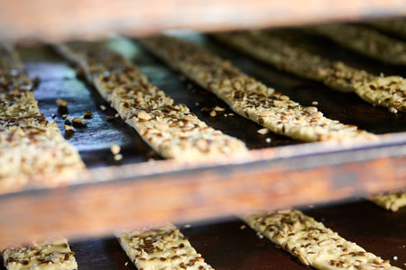 Cracker dough belts prepared for baking inside oven trays at a local bakery during daylight hours