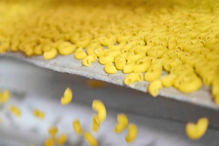 Vibrant yellow pasta flowing through the production line of a bustling manufacturing plant in the heart of Italyの写真素材
