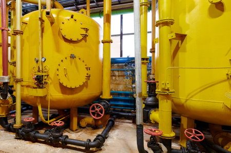 Industrial tanks and piping system in a manufacturing facility showcasing an operational environment filled with yellow equipmentの写真素材
