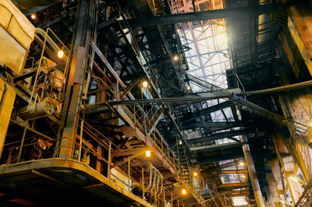 Industrial interior with metallic structures and lighting showcasing an operational factory...