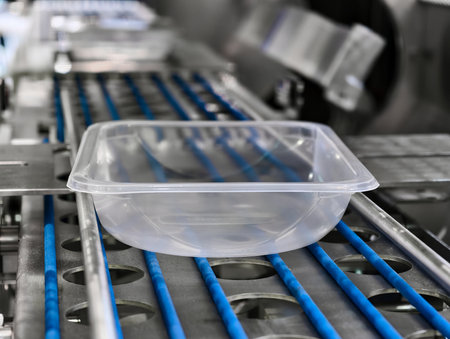 Bakery production line reveals essential pastry equipment in a bustling facility during daytime...