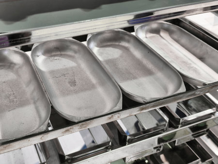 Metal bread baking pans neatly arranged on a shelf ready for use in a bustling bakery kitchenの写真素材
