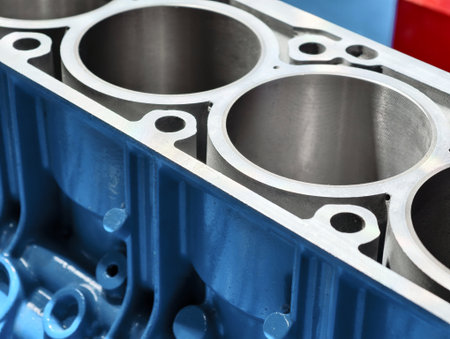 Engine block showing precision craftsmanship in a workshop setting during daylight highlights industrial engineeringの写真素材