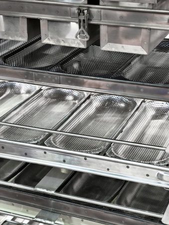 Metal bread baking pans arranged on shelves, ready for fresh loaves to rise and bake in a bustling bakery setting filled with warmth and aromasの写真素材