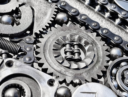 Detailed arrangement of interconnected metal gears and chains on a mechanical surface under bright lightingの写真素材
