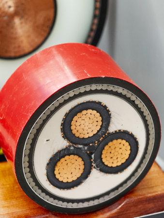 Exploring the intricate design of a power electric cable cross section showcasing its layered structure and conductivity featuresの写真素材