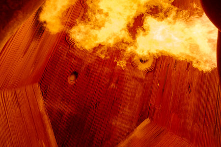Intense flame combustion in the interior of a steam boiler furnace at a thermal power plantの写真素材