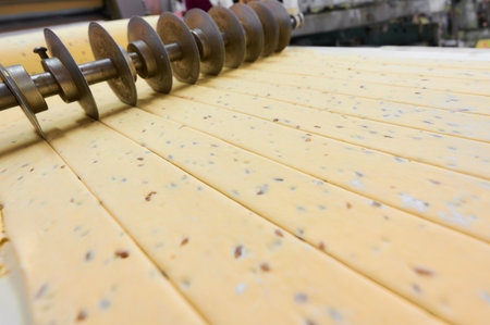 Mastering the art of dough sheeting and cutting in a bustling bakery kitchen during the morning rushの写真素材
