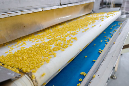 Pasta gracefully gliding along a conveyor belt in a bustling factory environment, showcasing modern...