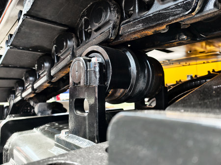 Close-up view of construction machine track components showcasing roller systems and structural details in an outdoor settingの写真素材