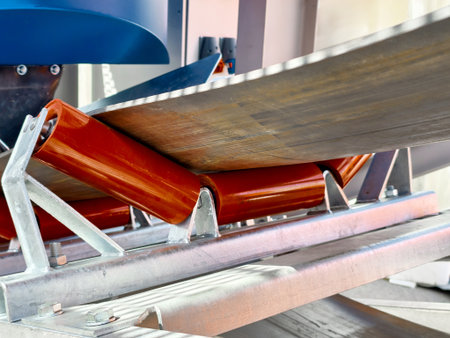 Industrial machinery with conveyor belt system in operation at a manufacturing facility during daylight hoursの写真素材