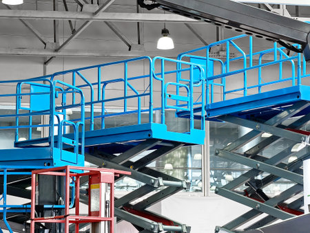 Elevated platforms in a modern warehouse setting featuring blue and red scissor lifts during daylight hoursの写真素材