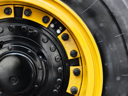 Close-up of construction equipment wheel showcasing detailed mechanics and sturdy design for heavy-duty work activitiesの写真素材