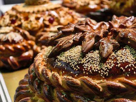 Masterful artisan bread adorned with intricate designs and sesame seeds at a lively market during the autumn harvest festival in a quaint villageの写真素材