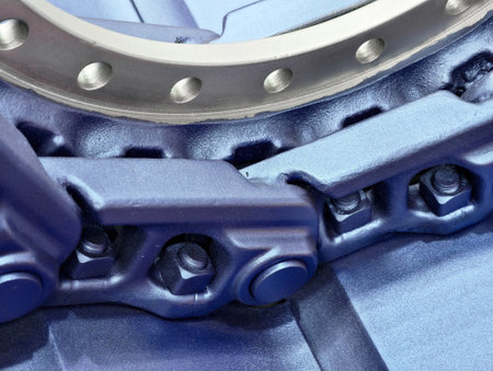 Detailed view of construction machine track components showcasing their robust design and precision engineeringの写真素材