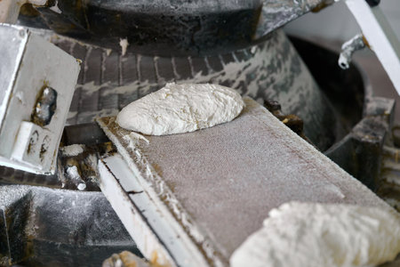 Dough being transported on conveyor belt in a baking facility during production process
