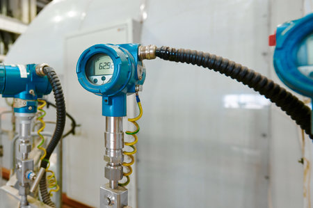 Digital pressure gauge displaying measurement in an industrial facility during routine inspectionの写真素材