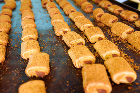 Freshly baked rolled pastries filled with sweet filling on a large tray ready for serving at a local bakery during the morning rushの写真素材