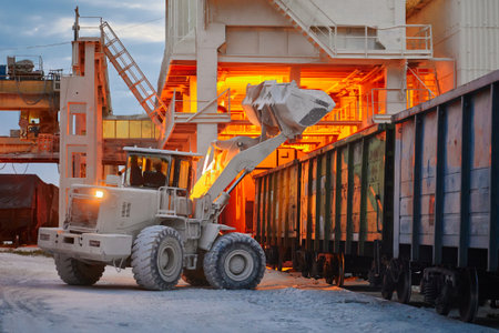 Wheel loader loads limestone into freight gondola carsの写真素材