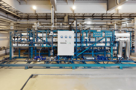 Modern industrial water purification system in clean technical facility showing reverse osmosis technology and advanced filtration methodsの写真素材