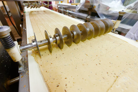 Dough sheeting and cutting process in a bustling bakery kitchen during the morning hoursの写真素材