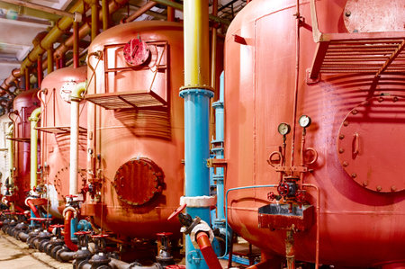 Industrial processing equipment in a factory showcasing large red tanks and pipes during daytimeの写真素材